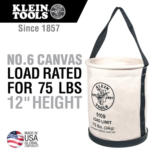 Klein Tools 5109 Canvas Bucket, Wide-Opening Straight-Wall Tool Bucket is Made of No. 6 Canvas with Black Molded Bottom, 75-Pound Load Rated - style: Standard