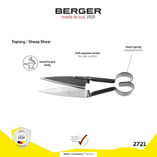 BERGER Sheep & Hedge Shears – 11.8" Forged Garden Shears with Self-Sharpening Straight Blades, Heart Spring Design, 5.5" Cutting Length, Ambidextrous Use – 2721