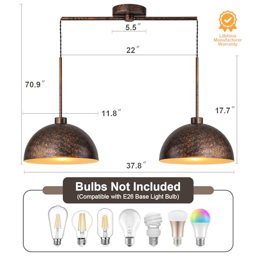 2 Light Copper Dome Pendant Lights Kitchen Island | Adjustable Height, E26 Base, Easy to Install, Farmhouse & Industrial for Dining Room Over Table Bedroom Kitchen - color: Copper-2 Lights