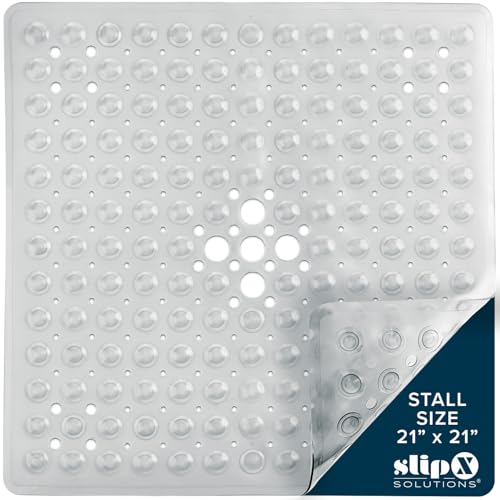 SlipX Solutions 21" Square Non Slip Shower Stall & Bathtub Mat, Clear | Anti Slip Essential Shower Mat For Bathers Of All Ages, 25% Stronger Suction Cups, Soft Underfoot, Machine Washable - color: Clear