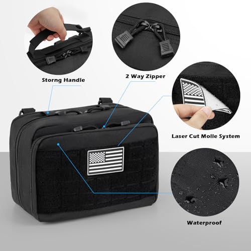Jueachy Tactical Molle Pouch Large Admin Bag Utility Tool Pouches Molle Attachment EDC Pouches Expandable Molle Accessories Organizer Medical Pocket U.S.A Patch Included - color: Black Laser Cut