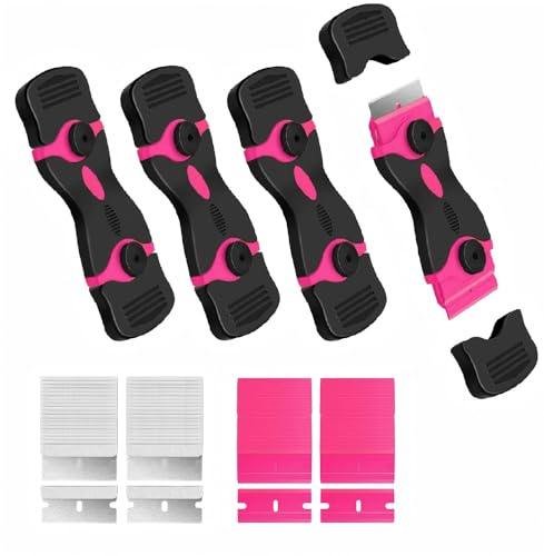 4 PCS Razor Blade Scraper with 40Pcs Metal and 40Pcs Plastic Blades, 2-in-1 Cleaning Scraper Tool for Cooktop Oven Floor Window Glass Car (Pink)