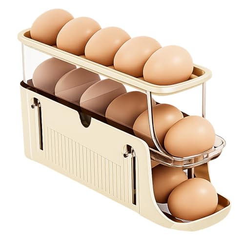 Adjustable Egg Holder for Fridge, Space Saving Egg Organizer Container, Automatic Rolling Egg Dispenser for Refrigerator, Clear Tray for Kitchen Countertop, Home, RV and Dorm Room