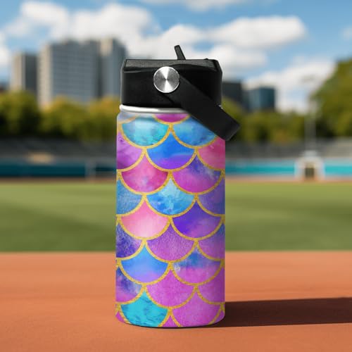 SANDJEST Mermaid Water Bottle for Girls Kids Kid Insulated Water Bottles 12oz Stainless Steel Travel School Tumbler Double Wall Vacuum Cup with Straw - color: Mermaid Scale