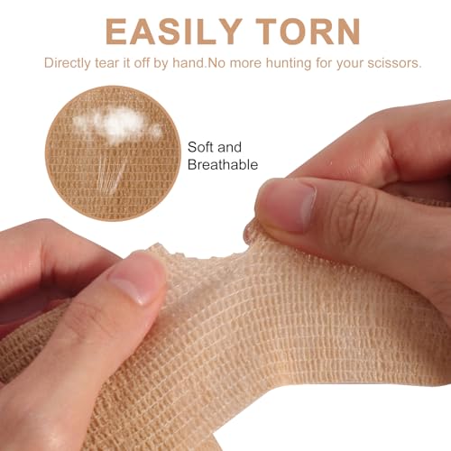 48 Pack Self Adhesive Bandage Wrap, 2” x 5 Yards Cohesive Medical Tape Elastic Grip Tape Black Sports Tape Athletic for Ankle, Wrist Sprains, Pet First Aid (Brown) - color: Brown