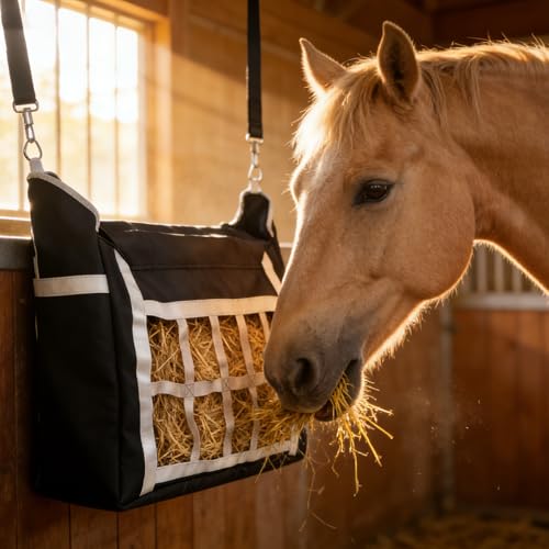 Slow Feeder Horse Hay Bag, Design for Goats ,Horse ,Donkey ,Sheep,Premium Oxford Hay Feed Bags with Front Hay Nets Design, Large Opening with Drawstring and Adjustable Strap for Easy Hanging, 1 pc - size: 1 Pcs