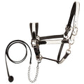 Exion Leather Soft Padded White Halter and Leather Lead with Chain Combo | Adjustable Padded Leather Halter with Snap | Padded Crownpiece | Black/Havana Brown Leather | Horse/Cob/Warmblood/Pony - color: Black, size: Cob (Medium Size)-Vegetable Tanned Leat
