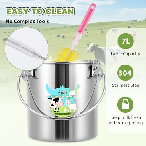 Upgraded 2-in-1 Goat Milking Machine 7L, Vacuum Pulsation Milker | Battery Powered Goat Milker with 4 Teat Cups, for Goat Cow, Auto Stop, 304 Stainless Steel Bucket, Pulsation Pulsation System - size: 7L