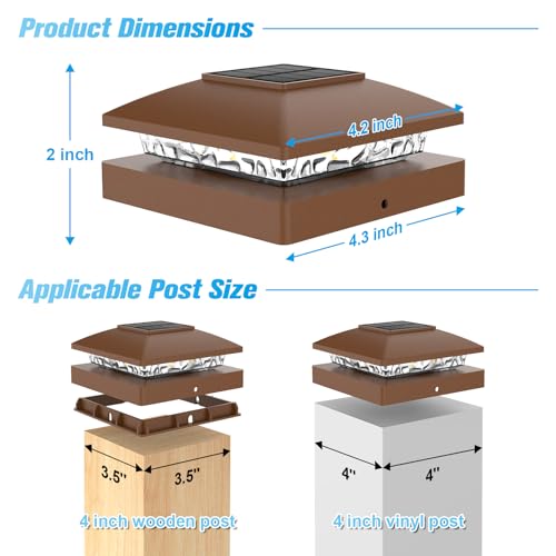 VOLISUN 4x4 Solar Post Cap Lights, 16 Pack Brown Waterproof Fence Lights | Waterproof solar lights fit wooden & vinyl 4x4 posts, warm white illumination for garden, patio and porch outdoor decor - color: Brown, size: 16 Pack