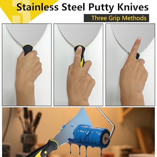 suokoun Spackle Knife Set, 5 PCS Stainless Steel Putty Knife Set Include 4 Paint Scrapers and 1 Multi Scraper Tool, Paint Scraper Tool for Drywall Decals (1.5" 3" 4" 6" 10")