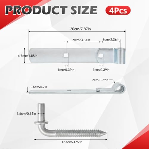 4 Packs 8'' Zinc Strap Hinge for Gates, Heavy Duty Gate Strap Hinge Zinc Plated with L-Screw (M16 × 125mm) for Barns Tool Sheds and Other Swing Doors, Galvanized - style: 4pcs L-shape-8''