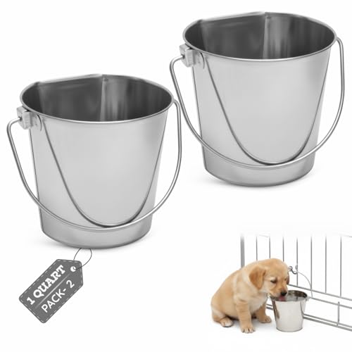 Flat Sided Stainless Steel Hanging Bucket, 1 Quart (0.25 Gallon), 2 Pack, Heavy Duty Kennel Cage Food & Water Pail for Small Dogs, Cats, Birds & Pets, Durable, Easy to Clean Feeder - size: 1 Quart (Pack of 2)