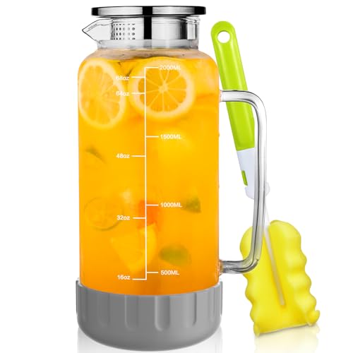 Aofmee 68oz Glass Pitcher with Lid and Handle for Fridge, Grey Silicone | Iced Tea Pitcher for Fridge, Borosilicate Glass Carafe, Sun Tea Jar, Dual Pour Stainless Lid, Dishwasher Safe - color: Grey Silicone