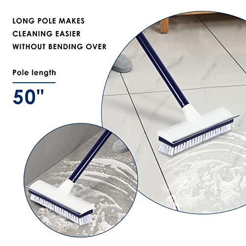 BOOMJOY Floor Scrub Brush with 50" Long Handle, 2 in 1 Scrape and Brush, Stiff Bristles for Cleaning Bathroom, Patio, Kitchen, Wall and Deck-Navy - color: Navy