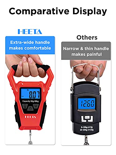HEETA Waterproof Fish Scale Digital Hanging Fishing Luggage Weight Scale | Up 110lb/50kg Portable Scale with Backlit LCD Display, for Home & Outdoor, Measuring Tape and 2 AAA Batteries Included - color: Red