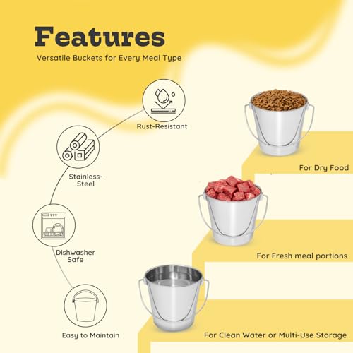 2Qt Stainless Steel Hanging Water Bucket for Dog Kennel 4-Pack | Food & Water Pail, Half Gallon Capacity, Heavy-Duty, Round Design with Carry Handle, Ideal for Dogs, Cats, Birds & Small Pets - size: 2 Quart (Pack of 4)