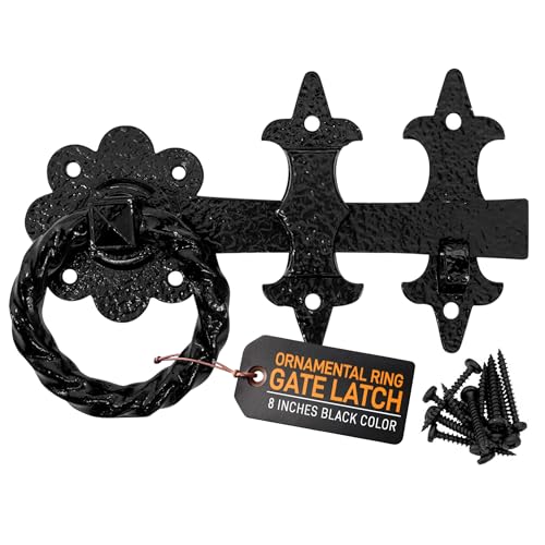 GATEMATE® B5612003 Ornamental Ring Gate Latch | 8" (200mm) Black | Durable and Decorative Gate Hardware | Powder-Coated Finish | Includes Fittings for Easy Installation - color: Dull Black