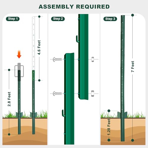 Fence Post 7 Feet / 84 Inch, Pack of 10, Heavy Duty Metal Fence Posts, No Dig U Post with U-Channel, Adjustable Tabs & Anchor Plate, Rust-Proof Steel Fence Stakes for Garden, Farm, Lawn, Poultry - size: 7 Feet