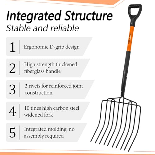 Nohovu Pitchfork for Gardening, 10 Tines Pitch Fork with Non-Slip Handle, Heavy Duty Pitch Fork for Mulching, 45 Inches