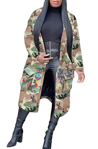 Vakkest Camo Blazer Jacket for Women Lapel Long Sleeve Open Front Cardigan Coat Classic Pockets Overcoat Outwear - color: Letter Sister, size: Small