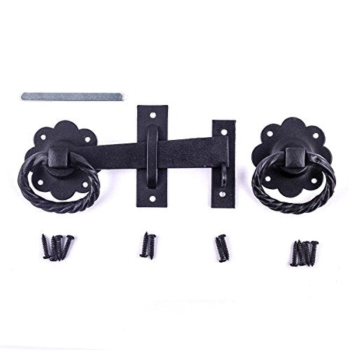 Renovators Supply Manufacturing Black Wrought Iron Floral Ring Gate Latch 6 in Fence Barn Door Lock with Hardware - color: Wrought Iron 2 Floral, size: Pack of 1