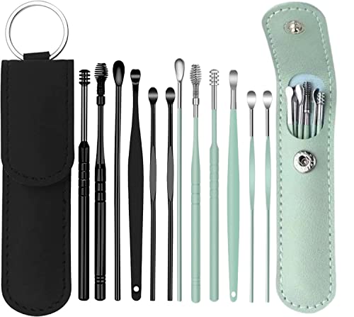 12 Pcs Ear Pick Earwax Removal Kit, Ear Cleaning Tool, Stainless Steel Earwax Removal Tool with Leather Storage Box (Black&Green) - color: Black and Green