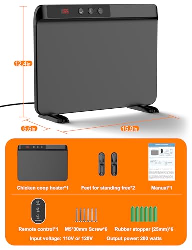 2026 Smart Heater for Chicken Coop, 200W Panel, UL Certified, Black | Heater For Chicken Coop With Adjustable Temp Remote, Winter Heating And Timer Thermostat Compatibility
