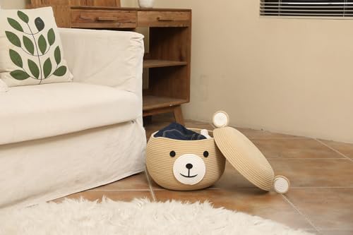 15x12 Inch Bear Hamper with Lid, Handcrafted Cotton Rope Animal Storage Basket, Woven Teddy Bear Bin for Kids Bedroom Playroom, Beige