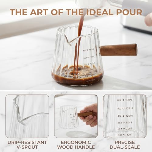 Kichvoe Glass Coffee Pourer 6oz with Wooden Handle, Espresso Measuring Cup | Heat Resistant Borosilicate Glass Milk Frothing Pitcher with Dual Scale, Creamer Cup for Coffee Bar, Latte Art & Baking