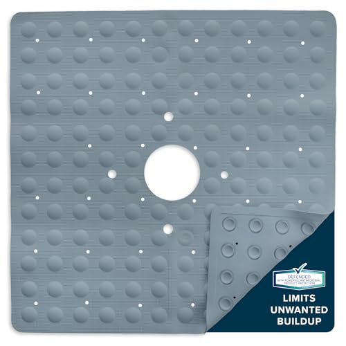 SlipX Solutions 21"x21" Mildew Resistant Non Slip Shower Stall Mat, Gray | Soft Durable Rubber Underfoot, Anti Mold, 140 Power Grip Suction Cups, Center Drain Hole - color: Gray
