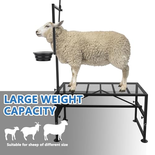 600 LBs Goat Stand with Feed Bin, Goat Milking Stand for Sheep Trimming and Milking, Hoof Trimming Stand Adjustable Size, with Feeder, Iron Black - color: Black, size: L - 47 inch