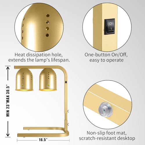 Food Heat Lamp with 2 x 250W Bulbs, 5000+ Hour Lifespan, Gold | 12"×20" Warming Area, UL-Tested, Adjustable Height Stand 22"-30", Commercial & Home Use Restaurant Buffet Bakery Catering - color: Gold