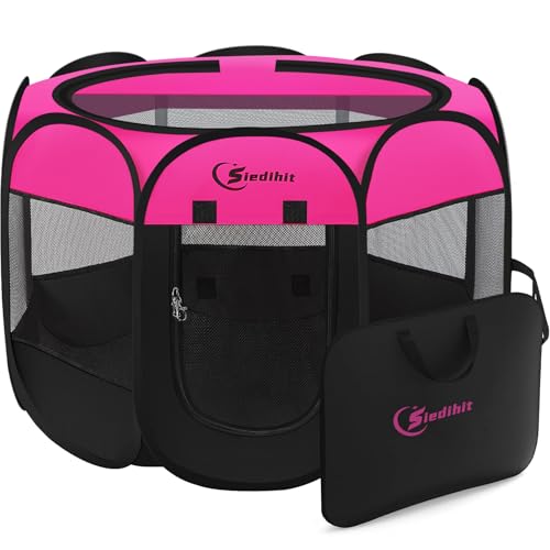 Siedihit Dog Playpen, Puppy Pet Playpens Indoor for Small Dogs Tent Crates | Cage Indoor/Outdoor, Portable Pop Up Dog Kennel Playpen with Carrying Case for Dogs/Cats/Rabbits, Hot Pink - color: Rose