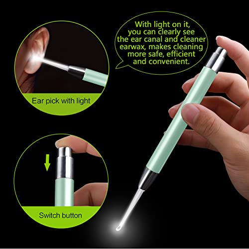 4 Pack Ear Wax Removal Tool Kit with Light, Ear Pick Ear Cleaning Tools Set for Kids and Adults, Ear Picks Digger & Tweezers & Spiral Spring Ear Spoon with Storage Box (Green) - color: Green
