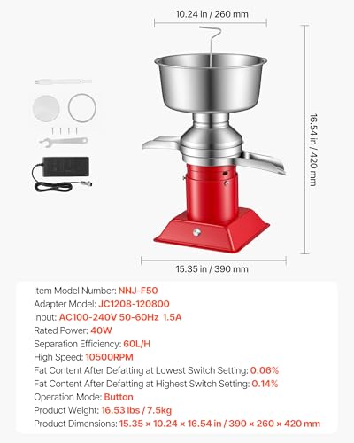 VEVOR Electric Milk Cream Separator, 60L/H Output 10500RPM Milk Cream Centrifugal Separator, 304 Stainless Steel Goat Cow Milk Skimmer Separating Machine with 4.5L Bowl Capacity (40W, 100-240V) - size: Square Base