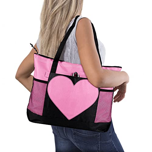 Tote Bag Large Size Shoulder Bag with Zipper, Lightweight Casual Travel Luggage Bag with Two Mesh Pockets for Women - color: Pink