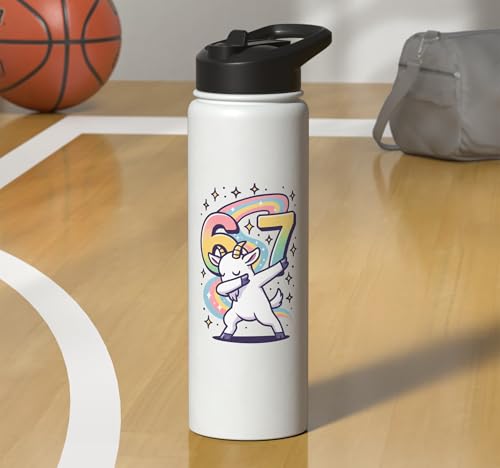 Magical Rainbow Dabbing Goat Funny Six Seven Meme Kids Teens Stainless Steel Insulated Water Bottle - color: White