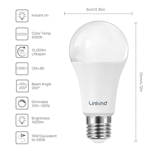 Linkind A19 LED Light Bulbs Dimmable, 100W Equivalent Light Bulbs, 16W, 5000K Daylight, 1600 Lumens LED Bulbs, E26 Standard Base, 120V, Lighting for Bedroom Living Room Home Office, 6 Packs - color: 5000k Daylight-100w 6pcs