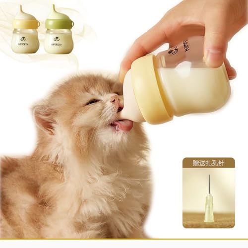 Silicone Kitten Nursing Bottle - Feeding Bottle with Nipples for Newborn Kittens, Puppies, & Small Animals, Milk Feeding Supplies for Baby Pets, Yellow & Green Feeder - color: yellow