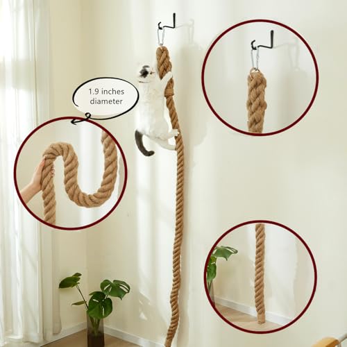 SHENGOCASE 1.9" x 6.56Ft Cat Climbing Jute Rope with Hook, Wall Mounted Furniture for Indoor and Outdoor Cat, Cimbing Pole (6.56 Feet) - size: 6.56 Feet