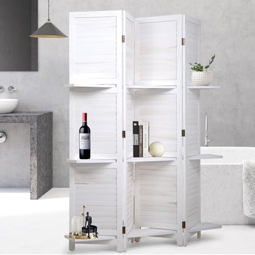 Room Divider 4 Panel Folding Wood 5.6 Ft Tall Privacy Screen Dividers Wall with Three Shelves Portable Partition (White) - color: White