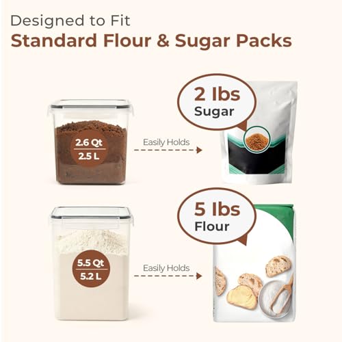 ComSaf Airtight Flour and Sugar Container 2.6Qt & 5.5Qt 3Pack, Wide Mouth | Plastic Food Storage Canister with Lid, Flour Sugar Cereal Rice Oats, Pantry Kitchen, Stackable Baking Supplies, Label, Scoop - size: 5.5Qt/2.6Qt-Square