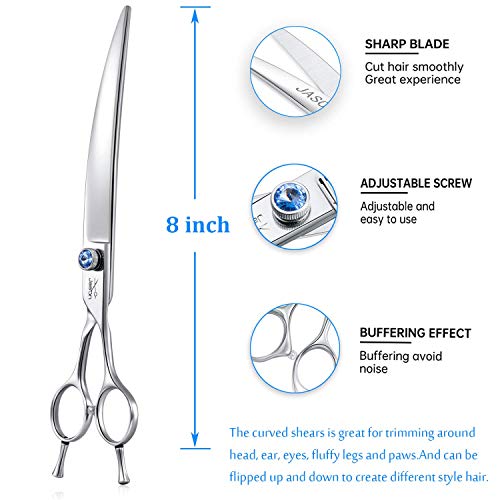 JASON Curved Dog Grooming Scissors - 8" Cats Trimming Shears Right Handed | Ergonomic Pets Shear with Offset Handle and a Jewelled Screw for Right Handed Groomers Long Sharp Comfortable, Gift - size: 8.0", style: Curved