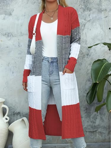 Womens Color Block Cardigan Sweater Long Duster Open Front Sweater in Chunky Cable Knit Plus Size Cardigan - color: 01-red, size: Small
