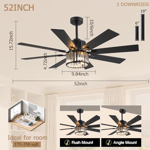 NKPU 52 Inch Farmhouse Crystal Ceiling Fans with Lights and Remote, Chandelier Industrial Ceiling Fan with Dual 8 Blades, 6 Speed Reversible Motor, Timing, Black Ceiling Fan for Living room Bedroom - color: Black-288
