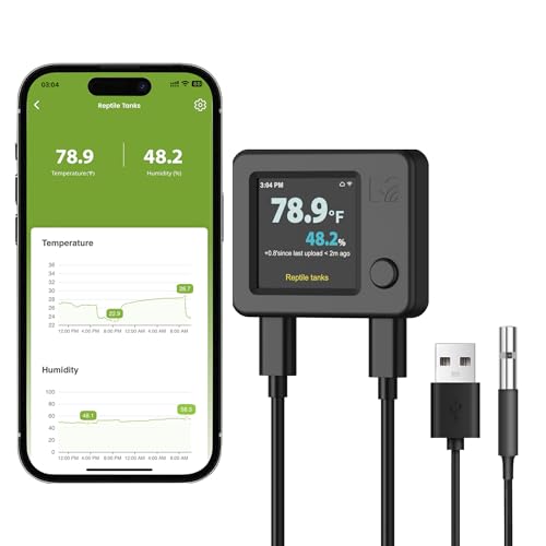 MOCREO WiFi Reptile Thermometer Hygrometer, Waterproof Probe, App Alerts | For terrariums, incubators, greenhouses & humidors, calibrate temp & humidity in app, power-outage & offline alerts, no hub - color: Black