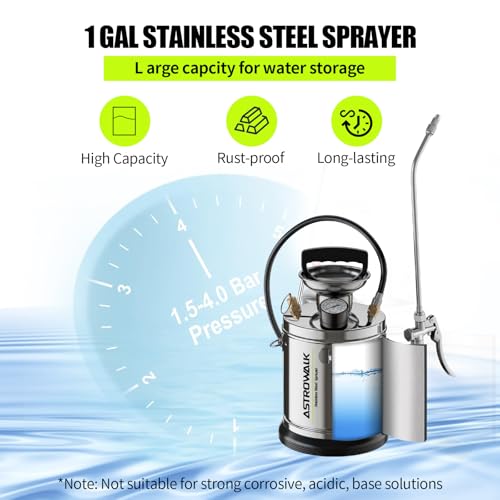 1 Gallon Pump Sprayer, Heavy Duty Stainless Steel Garden Sprayer with 14" All-Steel Wand & 4FT Reinforced Hose for Lawn Care, Weed Control & Pest Control, Includes Viton & EPDM Seals, Gloves - size: 1G/4L