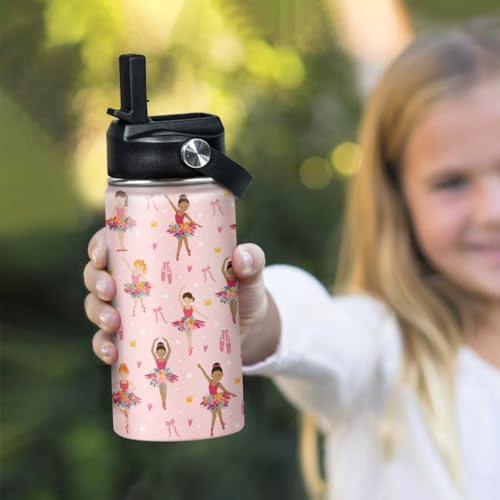 SANDJEST Kids Water Bottle Ballet Water Bottles 12oz with Straw Insulated Stainless Steel Travel School Tumbler Double Wall Vacuum Cup for Girls Kid - color: Ballerina
