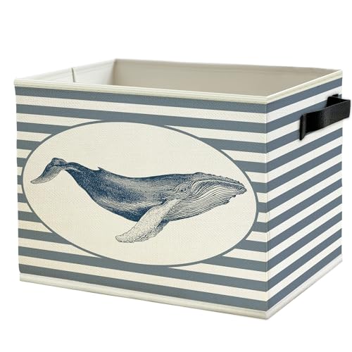 Coastal Beach Whale Storage Bins Box with Handles, Blue Striped Beachy Ocean Whale Marine Biology Collapsible Basket Organizer for Bedroom Bathroom Books Clothes - color: Color09