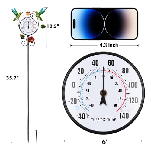 Hummingbird Outdoor Thermometer with 35.7" Stake Waterproof | Hanging Wall Outside Thermometer for Patio Garden Yard Porch Indoor Decor, Easy to Read, No Battery Required - style: Hummingbird